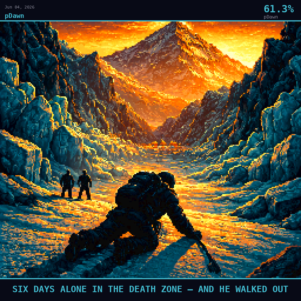 pDawn card for June 4, 2026: 61.3%, SIX DAYS ALONE IN THE DEATH ZONE — AND HE WALKED OUT. Pixel art: Silhouette composition, strong backlight, dramatic.