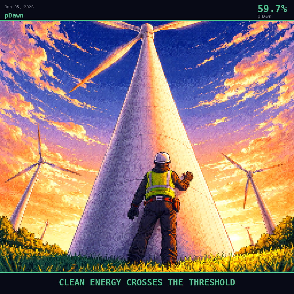 pDawn card for June 5, 2026: 59.7%, CLEAN ENERGY CROSSES THE THRESHOLD. Pixel art: Ground-level view looking straight up from the base of a single enormous wind turbine, the camera pressed into the rich emerald grass below, gazing upward along the white concrete tower as it rockets .