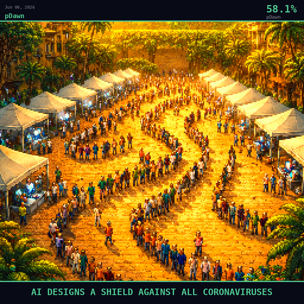 pDawn card for June 6, 2026: 58.1%, AI DESIGNS A SHIELD AGAINST ALL CORONAVIRUSES. Pixel art: Wide aerial view looking down at a 45-degree angle, vast landscape dominates, tiny figures below.