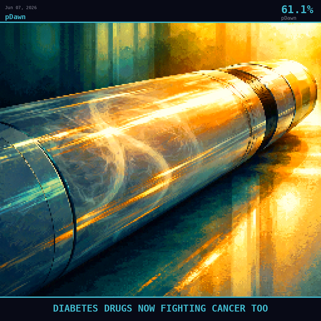 pDawn card for June 7, 2026: 61.1%, DIABETES DRUGS NOW FIGHTING CANCER TOO. Pixel art: Extreme close-up filling the entire frame, a single slim clinical auto-injector pen lying on its side, the barrel rendered in cool white with warm amber highlights catching its cylindrical surface, th.