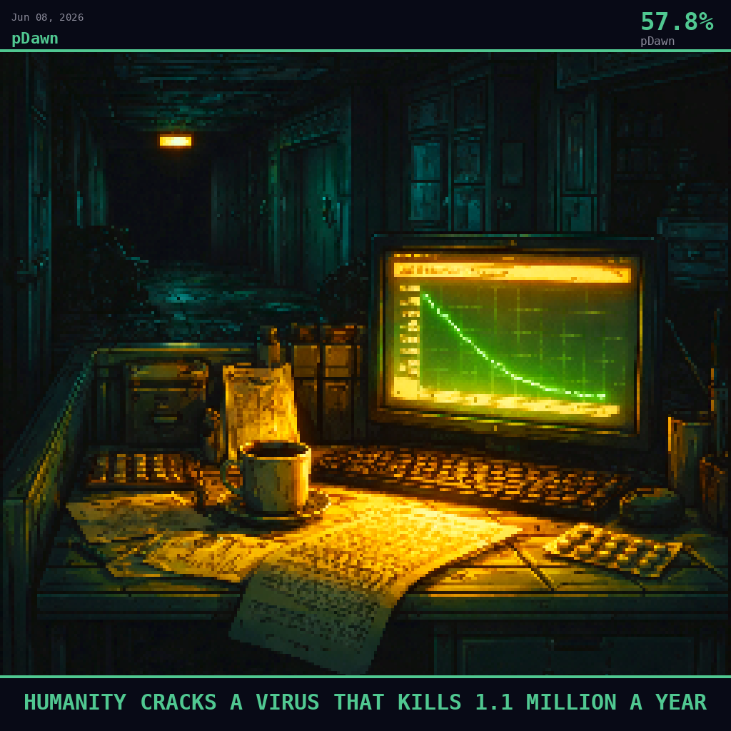 pDawn card for June 8, 2026: 57.8%, HUMANITY CRACKS A VIRUS THAT KILLS 1.1 MILLION A YEAR. Pixel art: Night scene, all light from artificial sources, deep shadows dominating.