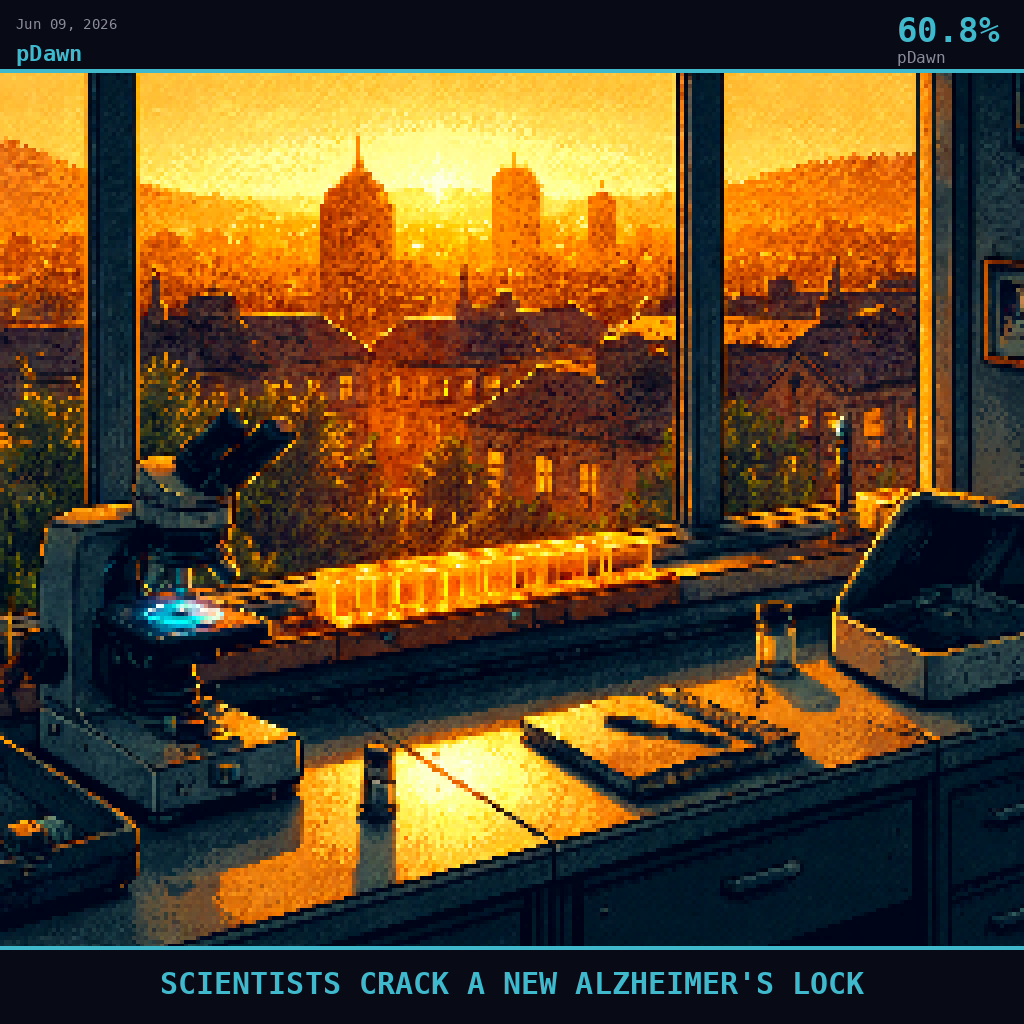 pDawn card for June 9, 2026: 60.8%, SCIENTISTS CRACK A NEW ALZHEIMER'S LOCK. Pixel art: Interior scene, we are inside a dimly lit ETH Zurich laboratory at early morning, the overnight work now finished, looking outward through a wide floor-to-ceiling window toward a dawn-lit Zurich citys.