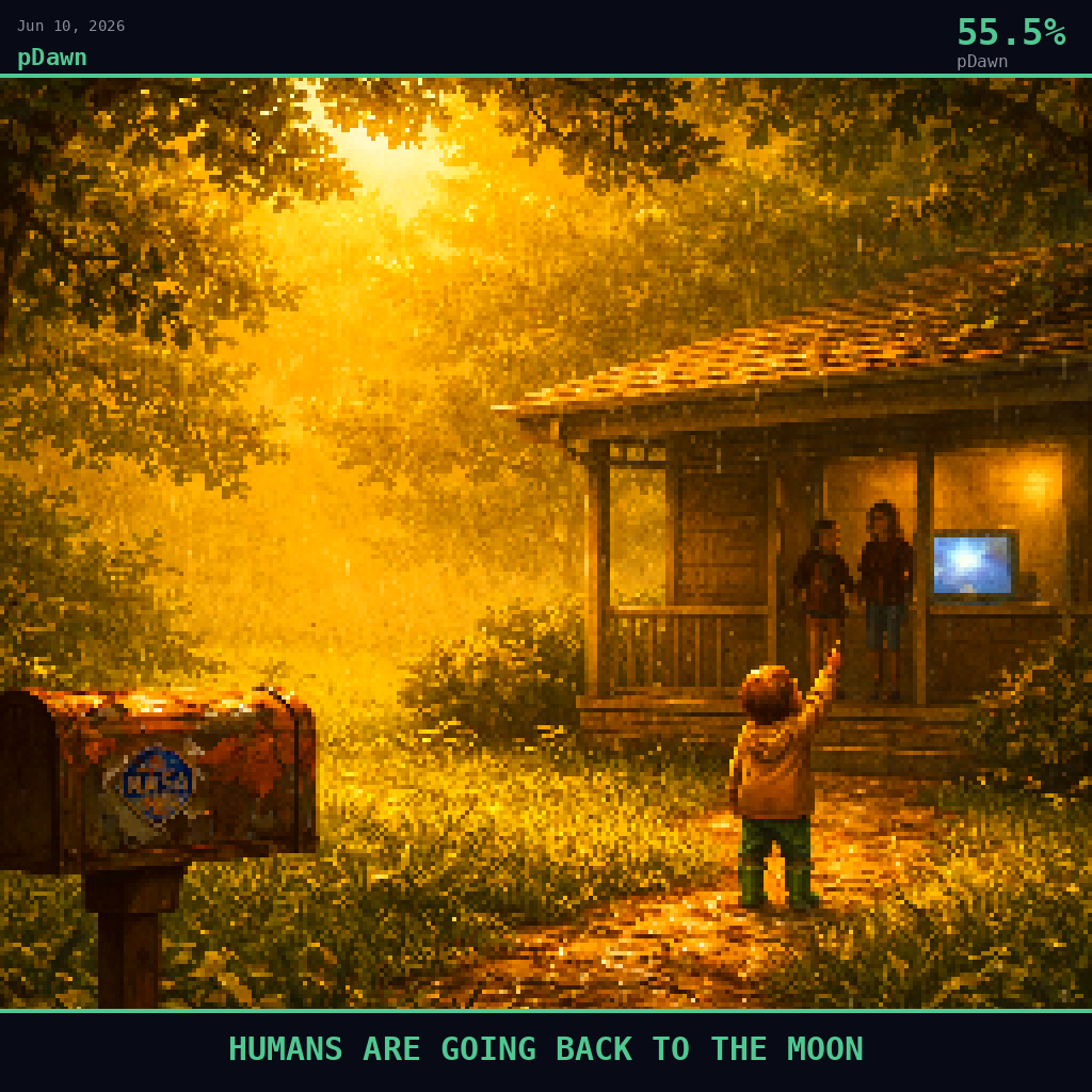 pDawn card for June 10, 2026: 55.5%, HUMANS ARE GOING BACK TO THE MOON. Pixel art: Weather-dominated exterior scene, thick golden fog and warm humid haze rolling across a small-town front yard in suburban Houston, Texas, late afternoon, the atmosphere itself saturated with amber-eme.