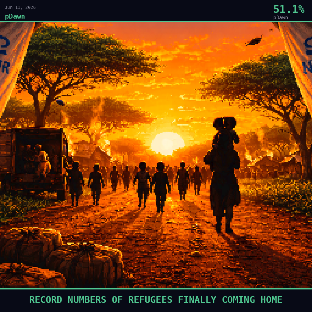 pDawn card for June 11, 2026: 51.1%, RECORD NUMBERS OF REFUGEES FINALLY COMING HOME. Pixel art: Silhouette composition, strong backlight, dramatic.