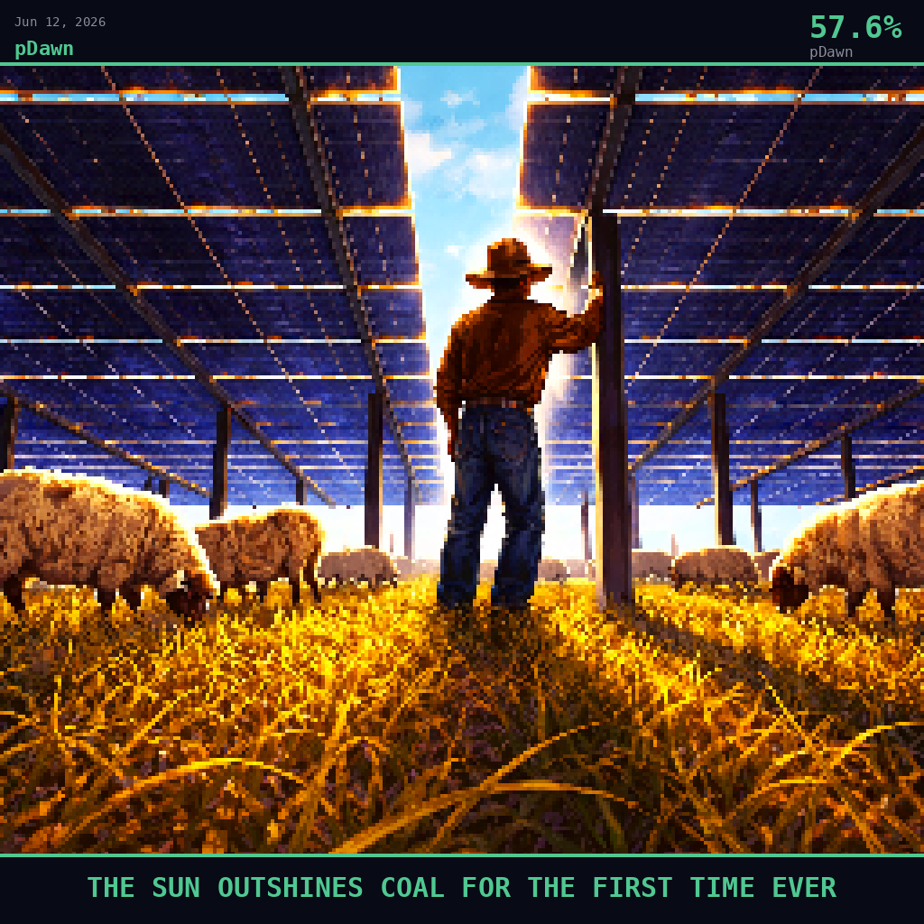 pDawn card for June 12, 2026: 57.6%, THE SUN OUTSHINES COAL FOR THE FIRST TIME EVER. Pixel art: Ground-level view looking straight up from below, dramatic low-angle perspective, the camera pressed into dry golden-brown East Texas grass, gazing upward at the underside of a vast solar panel array .