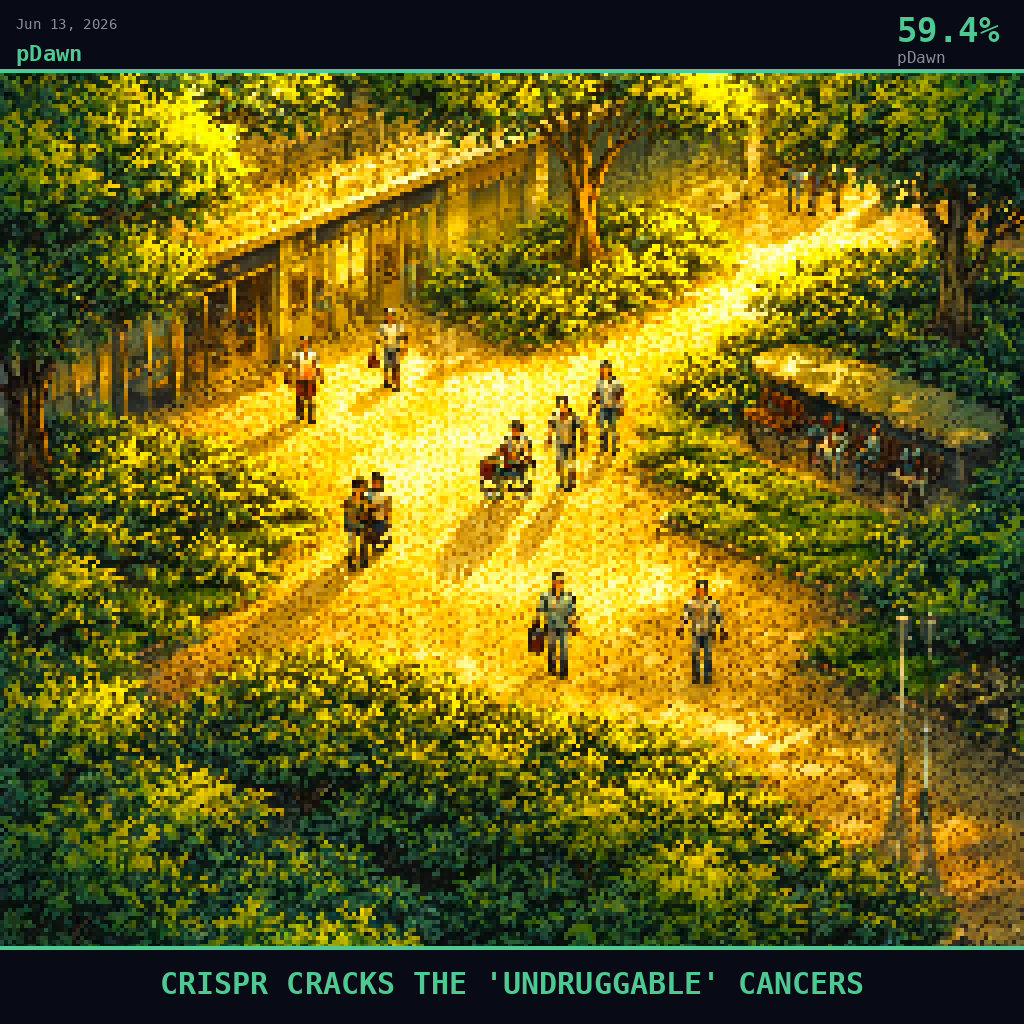 pDawn card for June 13, 2026: 59.4%, CRISPR CRACKS THE 'UNDRUGGABLE' CANCERS. Pixel art: Wide aerial view looking down at a 45-degree angle, vast landscape dominates, tiny figures below.