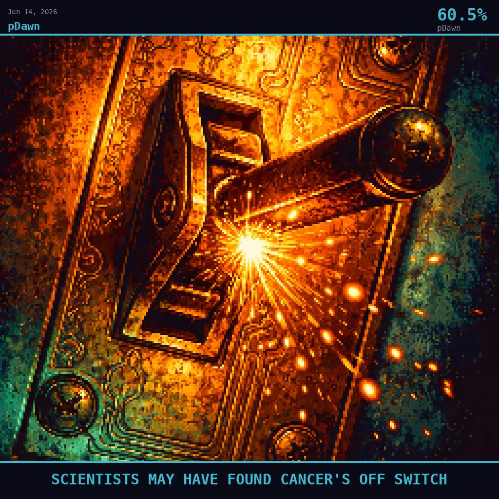 pDawn card for June 14, 2026: 60.5%, SCIENTISTS MAY HAVE FOUND CANCER'S OFF SWITCH. Pixel art: Extreme close-up filling the entire frame, a single antique brass circuit breaker switch mounted on a worn copper panel, the camera pressed so close the metal grain and oxidation texture dominate the .