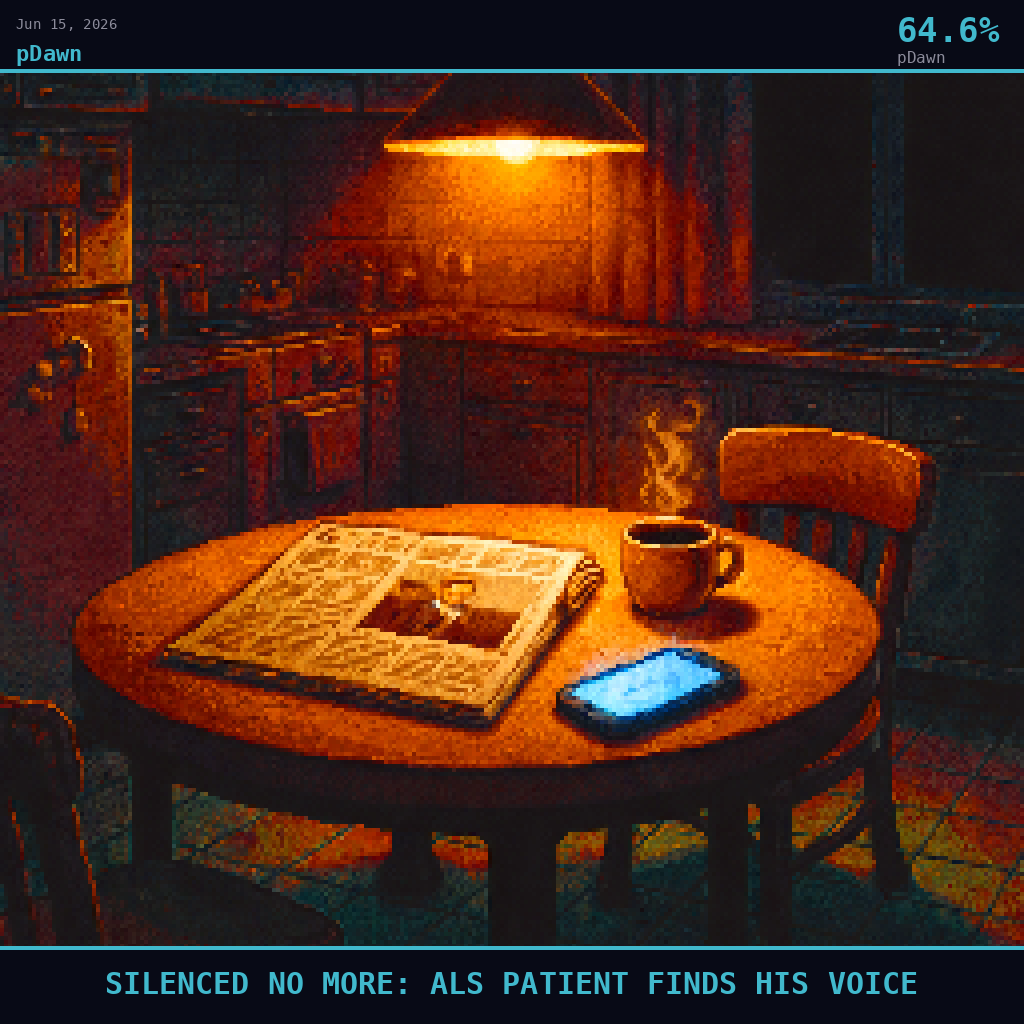 pDawn card for June 15, 2026: 64.6%, SILENCED NO MORE: ALS PATIENT FINDS HIS VOICE. Pixel art: Night scene, all light from artificial sources, deep shadows dominating.