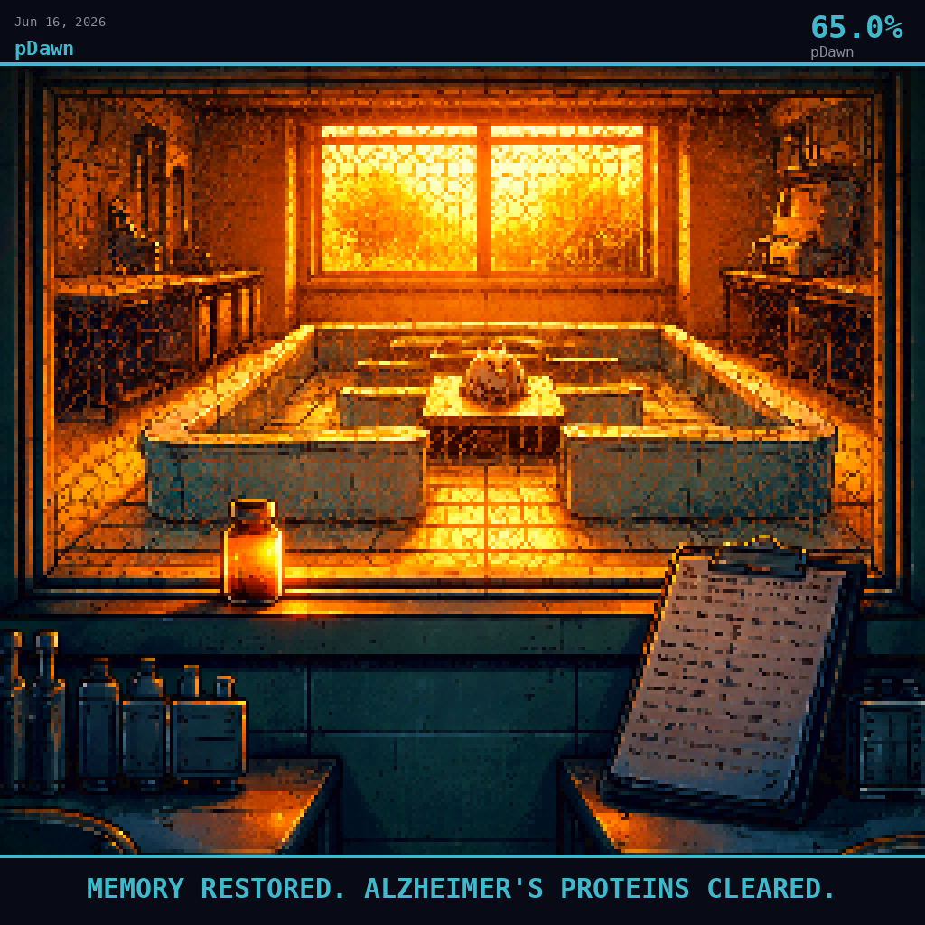 pDawn card for June 16, 2026: 65.0%, MEMORY RESTORED. ALZHEIMER'S PROTEINS CLEARED.. Pixel art: Interior scene, we are inside a small university animal research facility at early morning, looking outward through a wide wire-mesh observation window into a warmly lit maze chamber beyond, the overn.