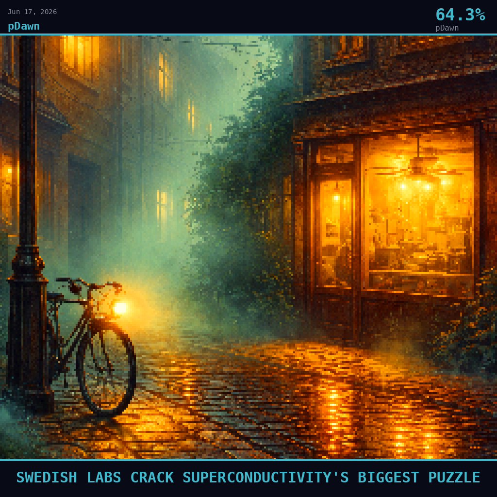 pDawn card for June 17, 2026: 64.3%, SWEDISH LABS CRACK SUPERCONDUCTIVITY'S BIGGEST PUZZLE. Pixel art: Weather-dominated exterior scene, thick amber-tinted fog and warm teal mist rolling through a narrow residential street in Gothenburg, Sweden, winter dusk, the atmosphere itself the dominant presence,.