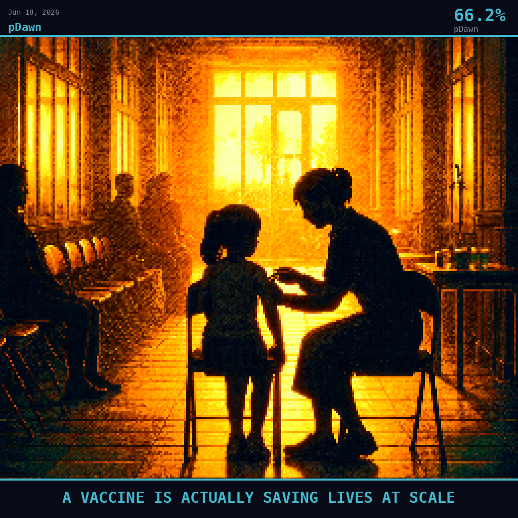 pDawn card for June 18, 2026: 66.2%, A VACCINE IS ACTUALLY SAVING LIVES AT SCALE. Pixel art: Silhouette composition, strong backlight, dramatic.