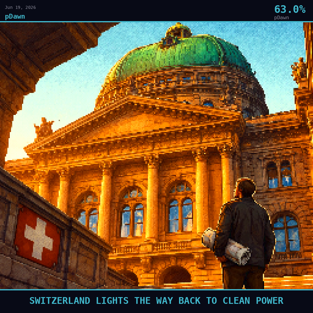 pDawn card for June 19, 2026: 63.0%, SWITZERLAND LIGHTS THE WAY BACK TO CLEAN POWER. Pixel art: Ground-level view looking straight up from below, camera pressed into cold stone pavement outside the Federal Palace in Bern, gazing up at the massive copper-green dome overhead catching deep amber Ju.