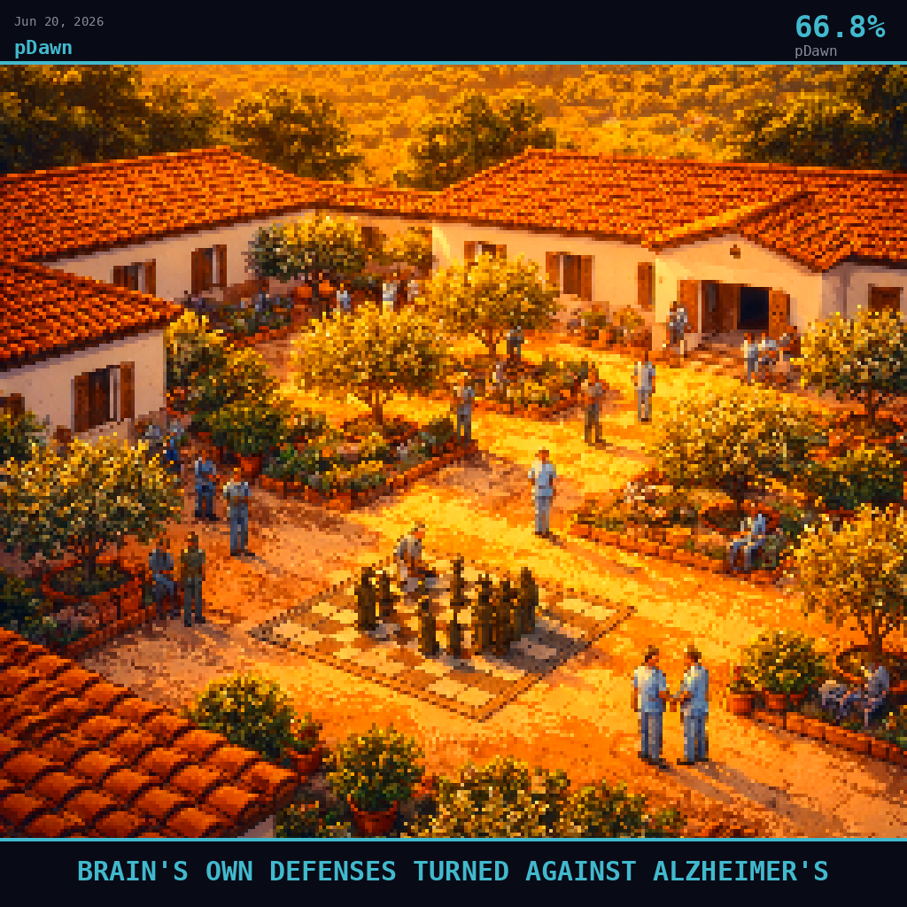 pDawn card for June 20, 2026: 66.8%, BRAIN'S OWN DEFENSES TURNED AGAINST ALZHEIMER'S. Pixel art: Wide aerial view looking down at a 45-degree angle, vast landscape dominates, tiny figures below.