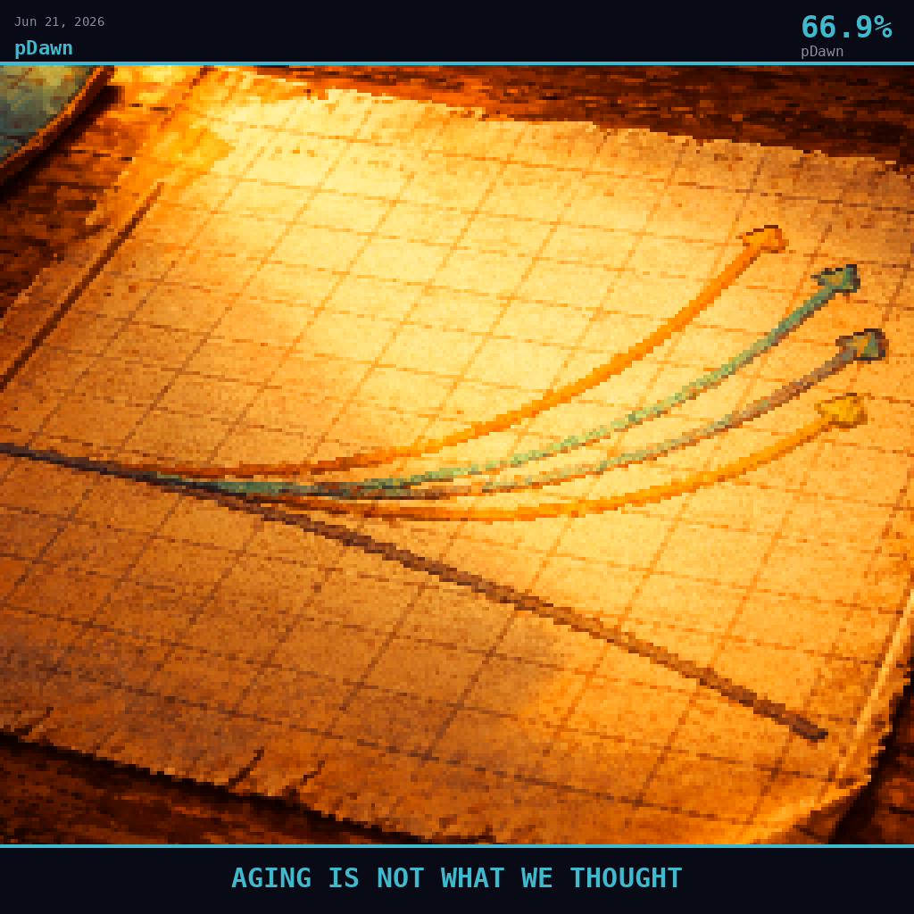 pDawn card for June 21, 2026: 66.9%, AGING IS NOT WHAT WE THOUGHT. Pixel art: Extreme close-up filling the entire frame, a single aged paper graph scroll pressed flat against a warm amber-lit wooden surface, the camera pressed so close that individual trajectory lines dominate .