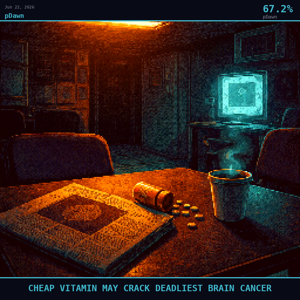 pDawn card for June 22, 2026: 67.2%, CHEAP VITAMIN MAY CRACK DEADLIEST BRAIN CANCER. Pixel art: Night scene, all light from artificial sources, deep shadows dominating.
