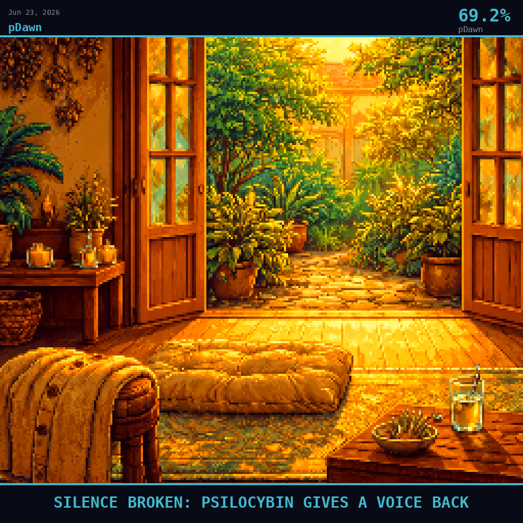 pDawn card for June 23, 2026: 69.2%, SILENCE BROKEN: PSILOCYBIN GIVES A VOICE BACK. Pixel art: Interior scene, we are inside a warm holistic healing room in São Paulo looking outward through a wide open doorway into a sun-drenched garden courtyard, deep golden amber morning light pouring throug.