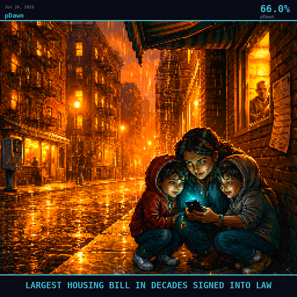 pDawn card for June 24, 2026: 66.0%, LARGEST HOUSING BILL IN DECADES SIGNED INTO LAW. Pixel art: Weather-dominated exterior scene, thick warm amber rain falling in diagonal sheets through golden-hour light, deep teal shadows pooling on wet pavement.