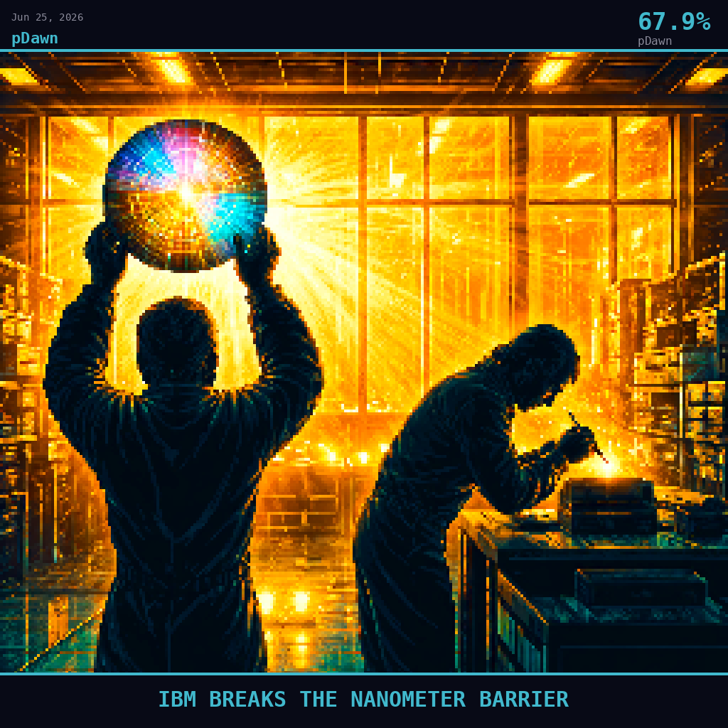 pDawn card for June 25, 2026: 67.9%, IBM BREAKS THE NANOMETER BARRIER. Pixel art: Silhouette composition, strong backlight, dramatic.