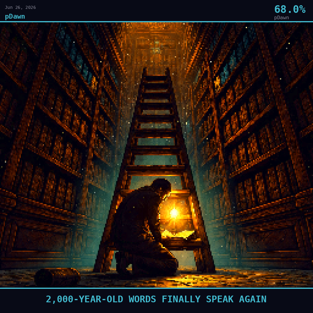 pDawn card for June 26, 2026: 68.0%, 2,000-YEAR-OLD WORDS FINALLY SPEAK AGAIN. Pixel art: Ground-level view looking straight up from below, camera pressed into the cold stone floor of a grand Italian library, gazing up at towering dark wooden shelving units rising like canyon walls toward .