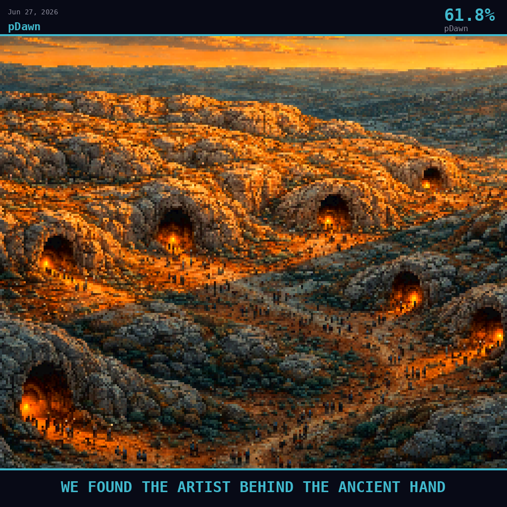 pDawn card for June 27, 2026: 61.8%, WE FOUND THE ARTIST BEHIND THE ANCIENT HAND. Pixel art: Wide aerial view looking down at a 45-degree angle, vast landscape dominates, tiny figures below.