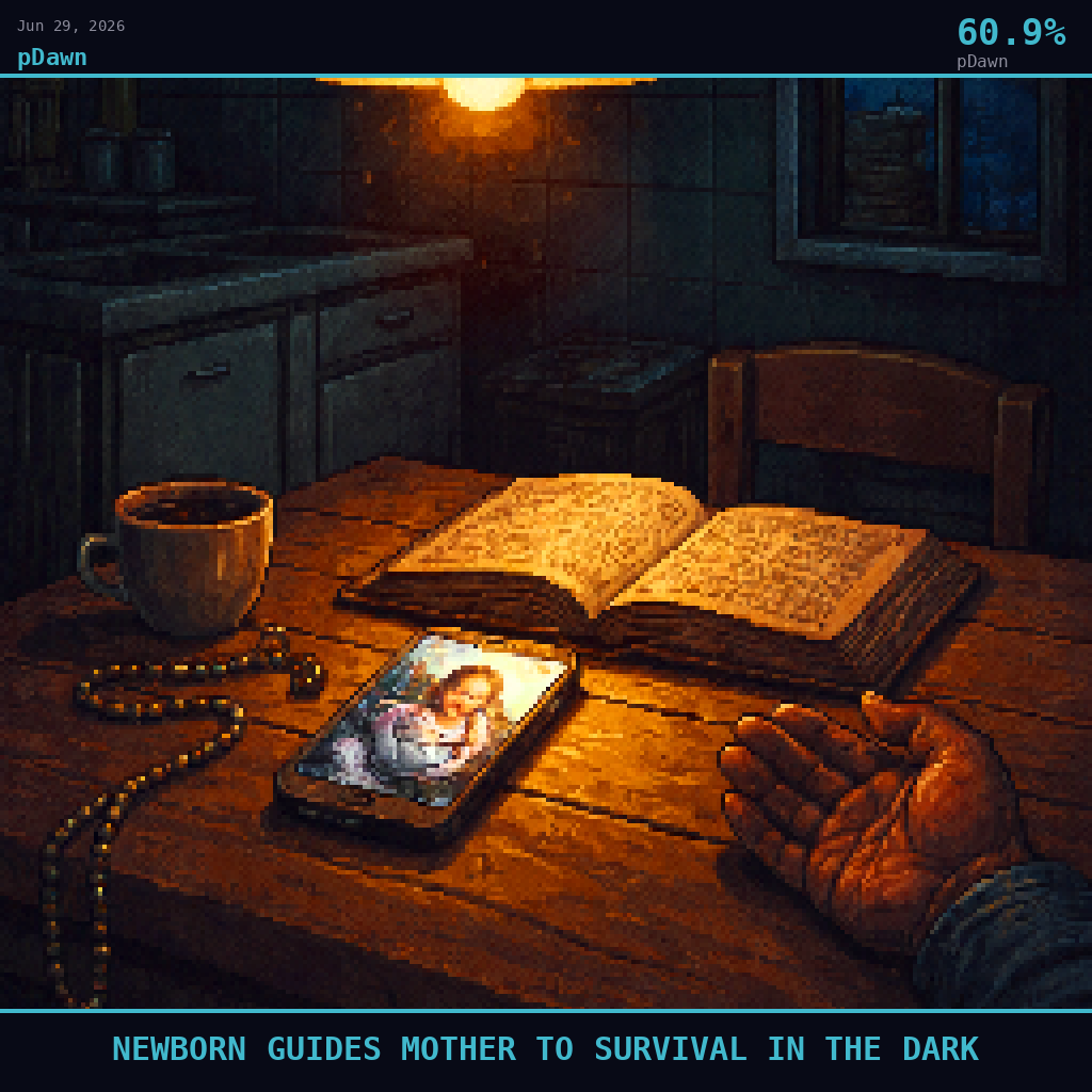 pDawn card for June 29, 2026: 60.9%, NEWBORN GUIDES MOTHER TO SURVIVAL IN THE DARK. Pixel art: Night scene, all light from artificial sources, deep shadows dominating.