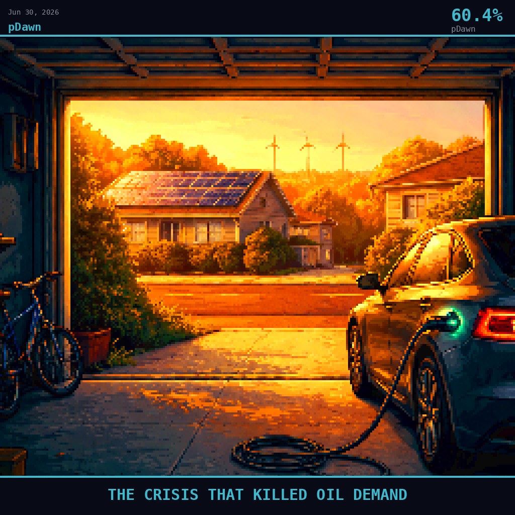 pDawn card for June 30, 2026: 60.4%, THE CRISIS THAT KILLED OIL DEMAND. Pixel art: Interior scene, we are inside a residential garage the morning after a family's first EV arrived, looking outward through the open garage door into a golden amber dawn street beyond, deep teal shadows.