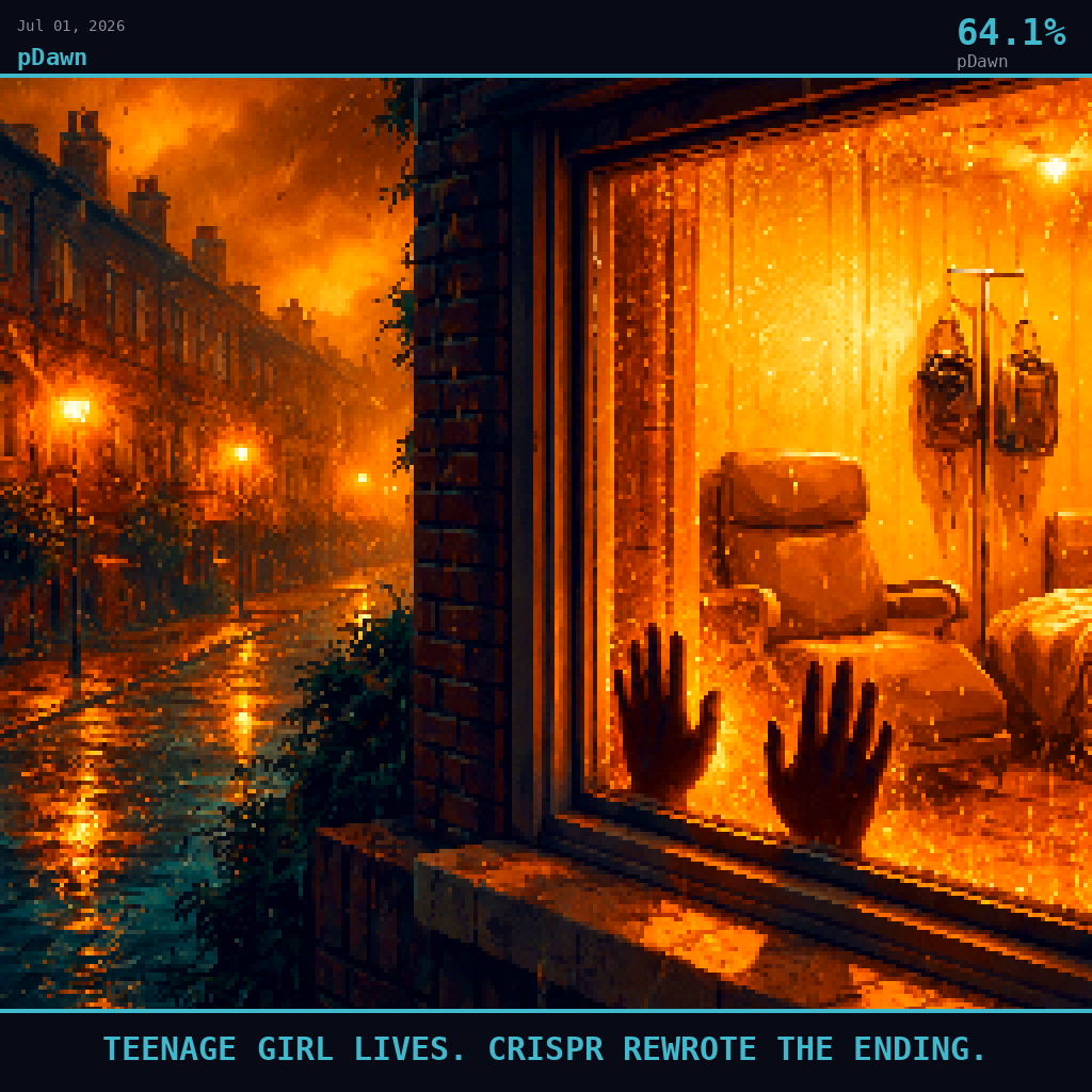 pDawn card for July 1, 2026: 64.1%, TEENAGE GIRL LIVES. CRISPR REWROTE THE ENDING.. Pixel art: Weather-dominated exterior scene, thick amber fog rolling in diagonal curtains through a Sheffield residential street at dusk, deep teal shadows pooling between terraced brick houses, golden-amber str.