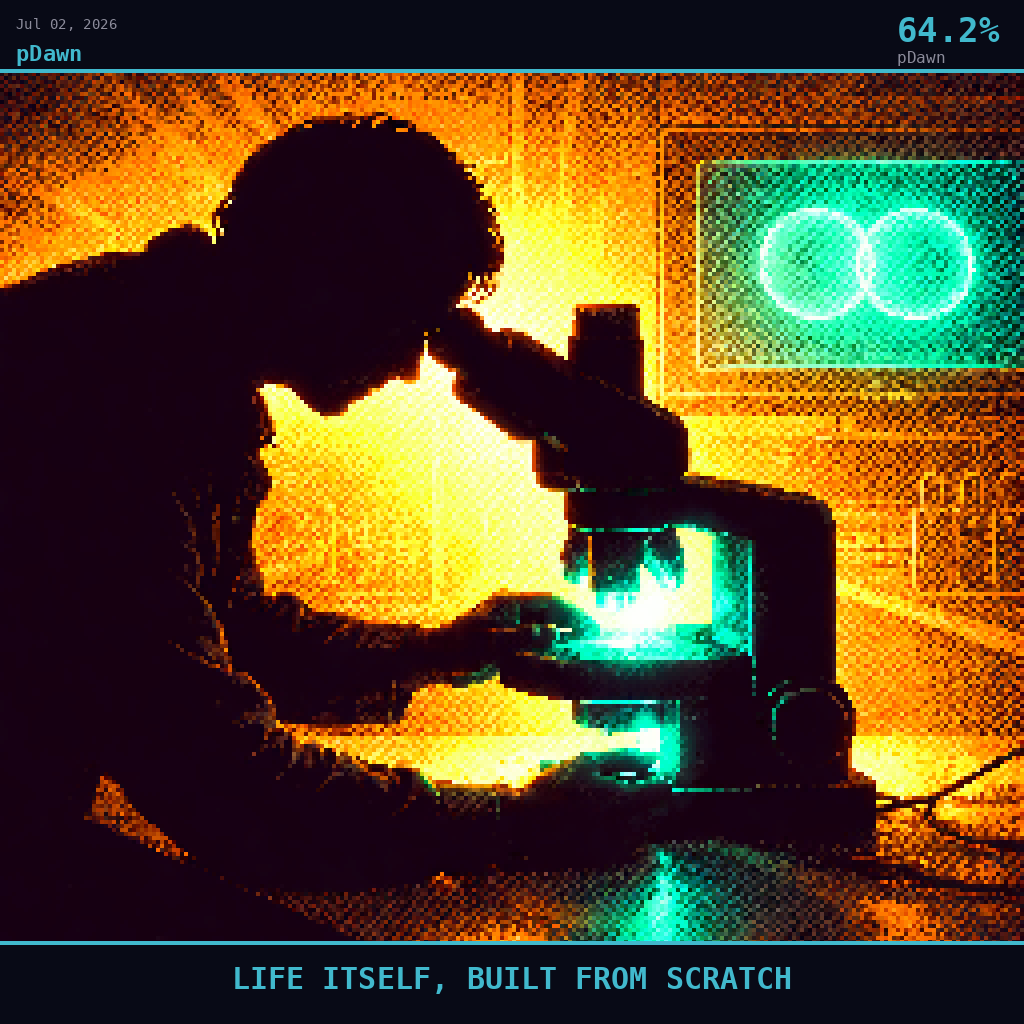 pDawn card for July 2, 2026: 64.2%, LIFE ITSELF, BUILT FROM SCRATCH. Pixel art: Silhouette composition, strong backlight, dramatic.