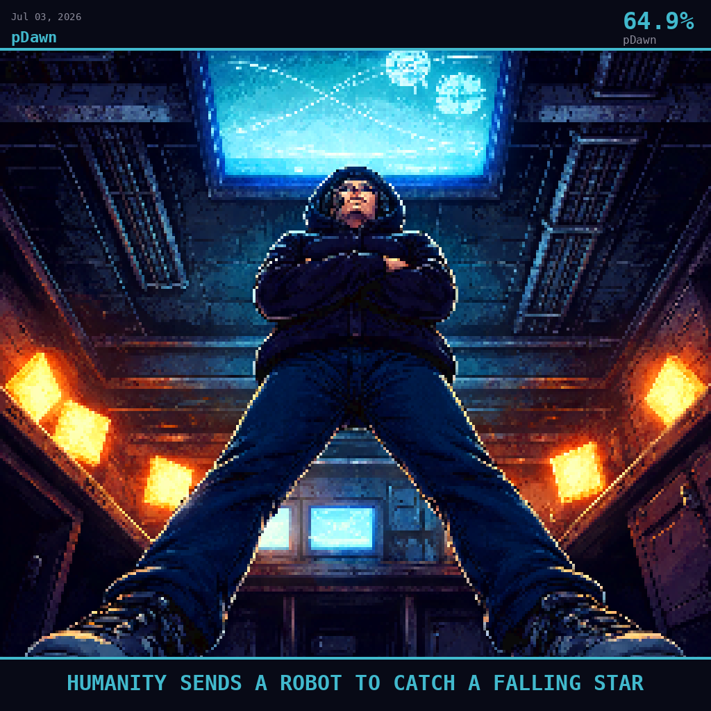 pDawn card for July 3, 2026: 64.9%, HUMANITY SENDS A ROBOT TO CATCH A FALLING STAR. Pixel art: Ground-level view looking straight up from below, camera pressed flat against a polished concrete floor, gazing up at the underside of a standing figure.