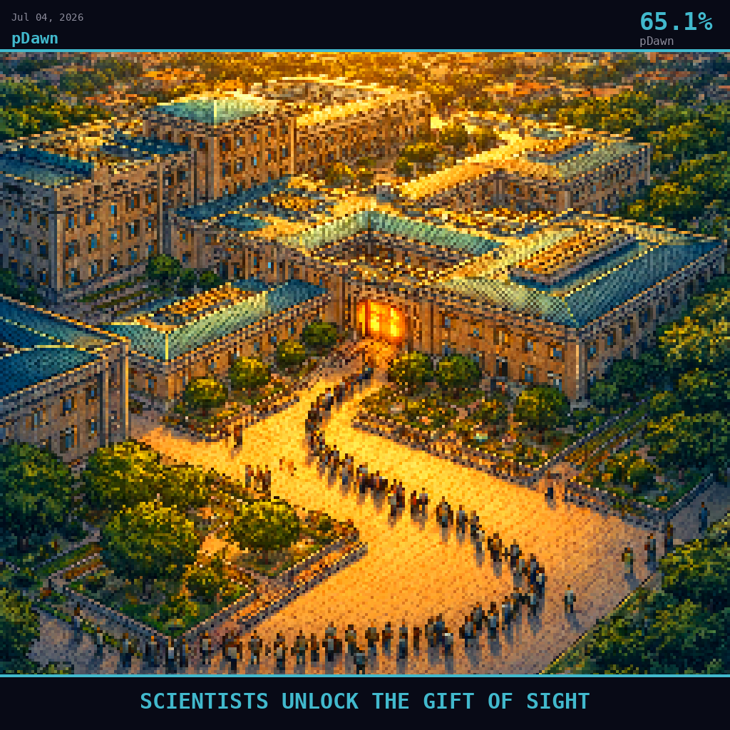 pDawn card for July 4, 2026: 65.1%, SCIENTISTS UNLOCK THE GIFT OF SIGHT. Pixel art: Wide aerial view looking down at a 45-degree angle, vast landscape dominates, tiny figures below.