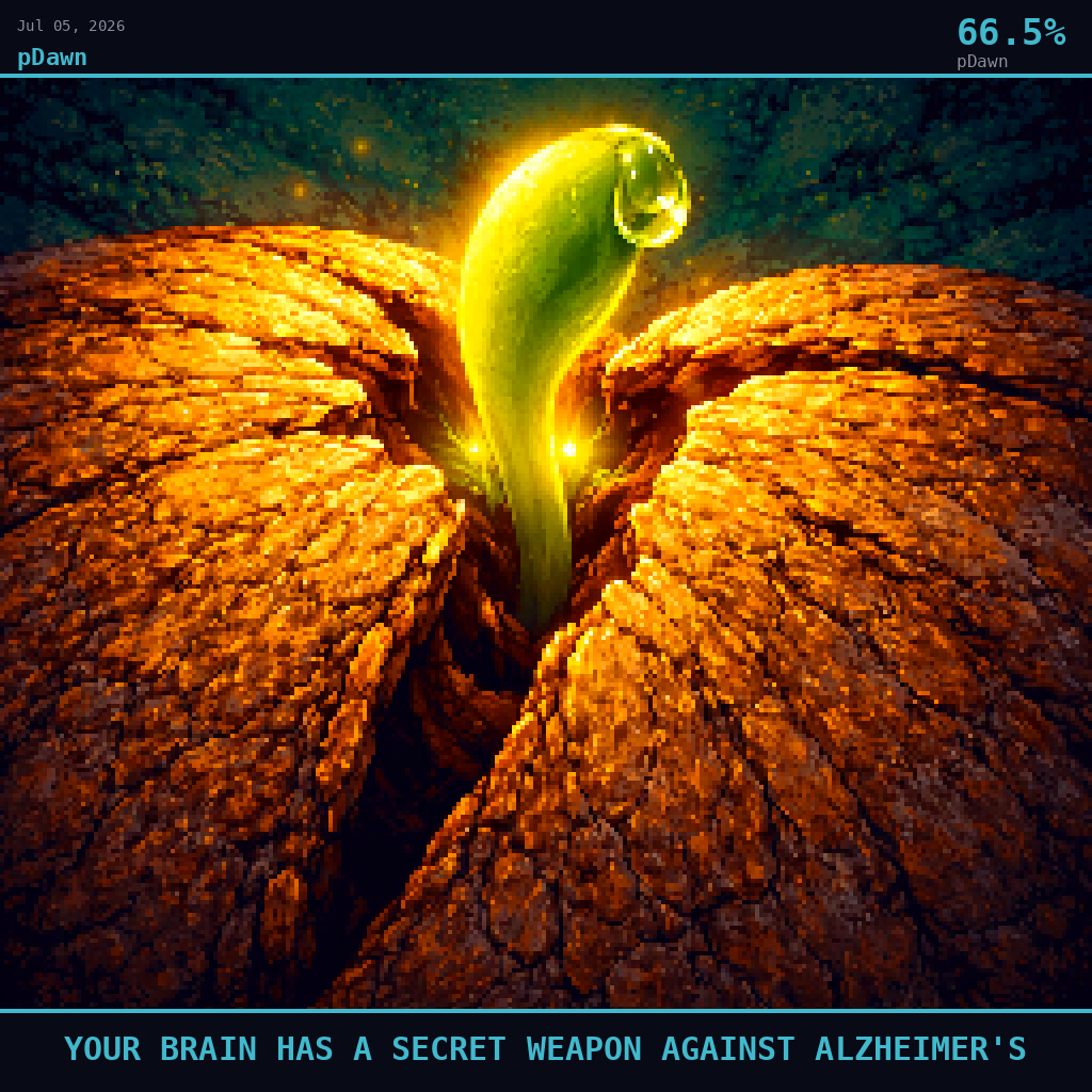 pDawn card for July 5, 2026: 66.5%, YOUR BRAIN HAS A SECRET WEAPON AGAINST ALZHEIMER'S. Pixel art: Extreme close-up filling the entire frame, a single cracked and ancient seed pod split open at its seam, dry and papery and amber-brown, its surface textured like aged bark, deep fissures running acro.