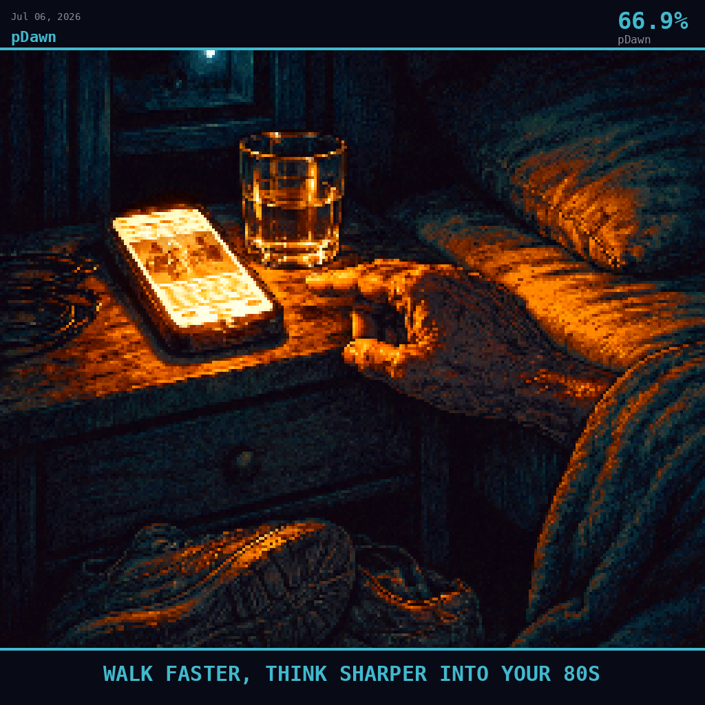 pDawn card for July 6, 2026: 66.9%, WALK FASTER, THINK SHARPER INTO YOUR 80S. Pixel art: Night scene, all light from artificial sources, deep shadows dominating.