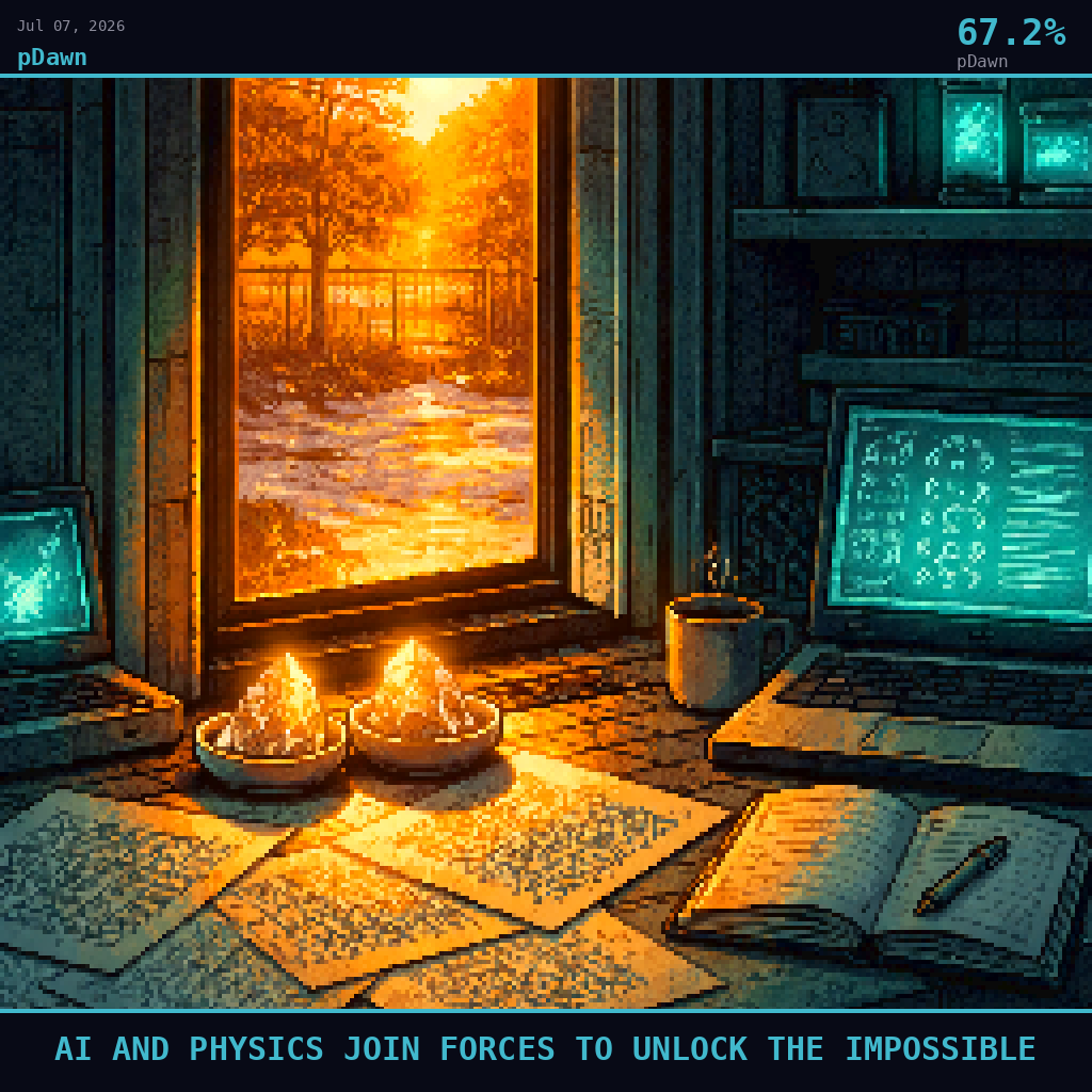 pDawn card for July 7, 2026: 67.2%, AI AND PHYSICS JOIN FORCES TO UNLOCK THE IMPOSSIBLE. Pixel art: Interior scene, we are inside a crystallography laboratory looking outward through a tall narrow window at early amber dawn, the outside world glowing in deep golden hour light with long shadows stret.