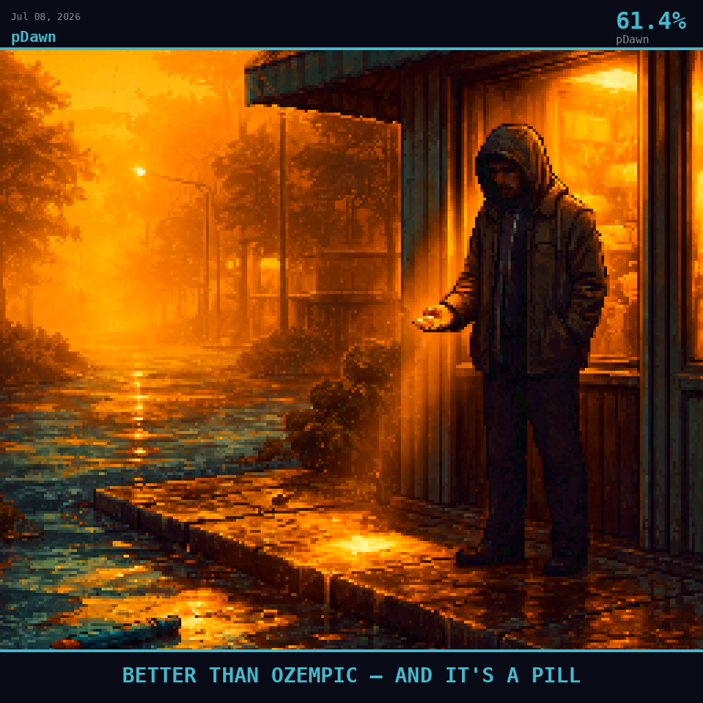 pDawn card for July 8, 2026: 61.4%, BETTER THAN OZEMPIC — AND IT'S A PILL. Pixel art: Weather-dominated exterior scene, heavy amber fog rolling in thick curtains through a quiet suburban street at golden hour, long amber side-light cutting through warm haze and casting deep teal shadow.