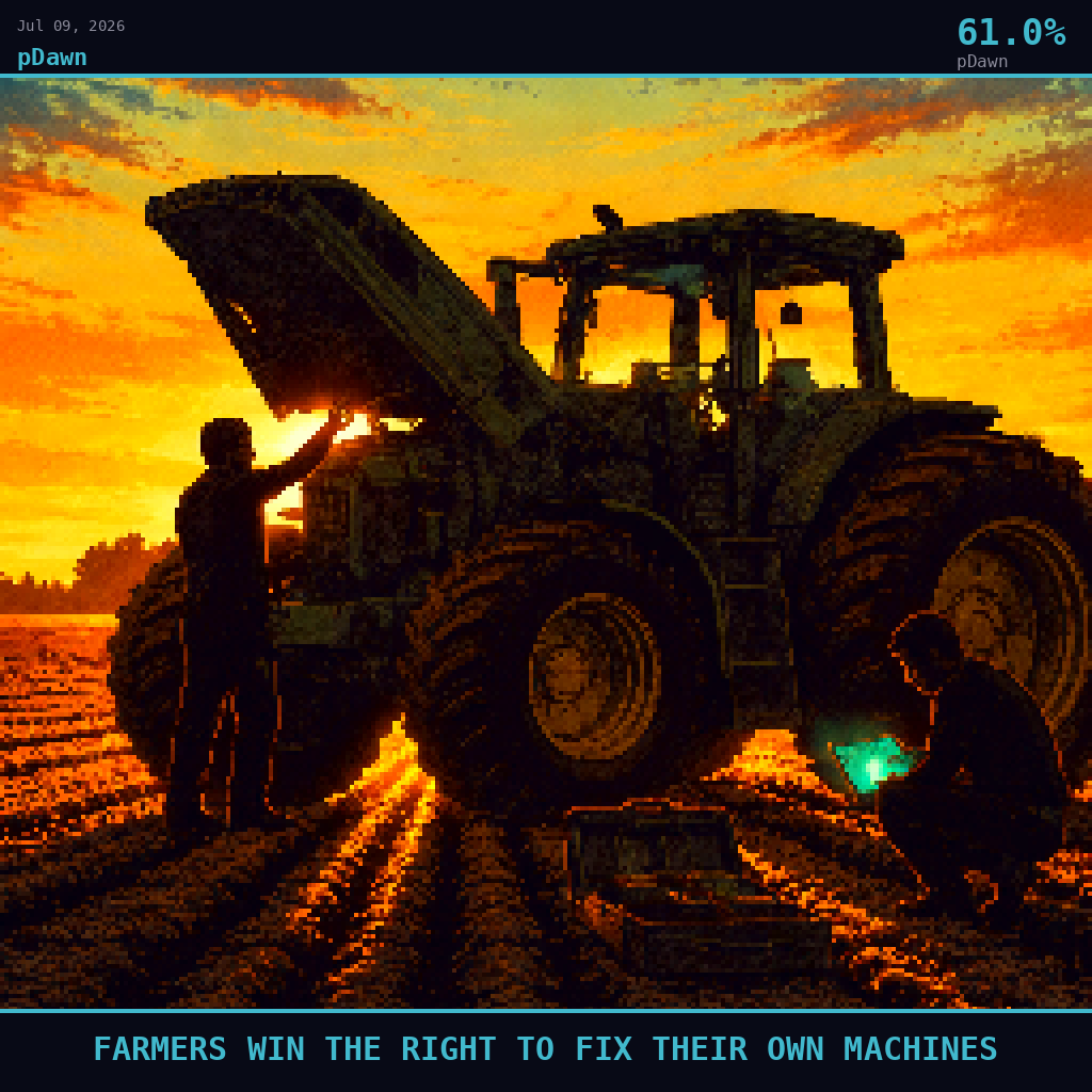 pDawn card for July 9, 2026: 61.0%, FARMERS WIN THE RIGHT TO FIX THEIR OWN MACHINES. Pixel art: Silhouette composition, strong backlight, dramatic.