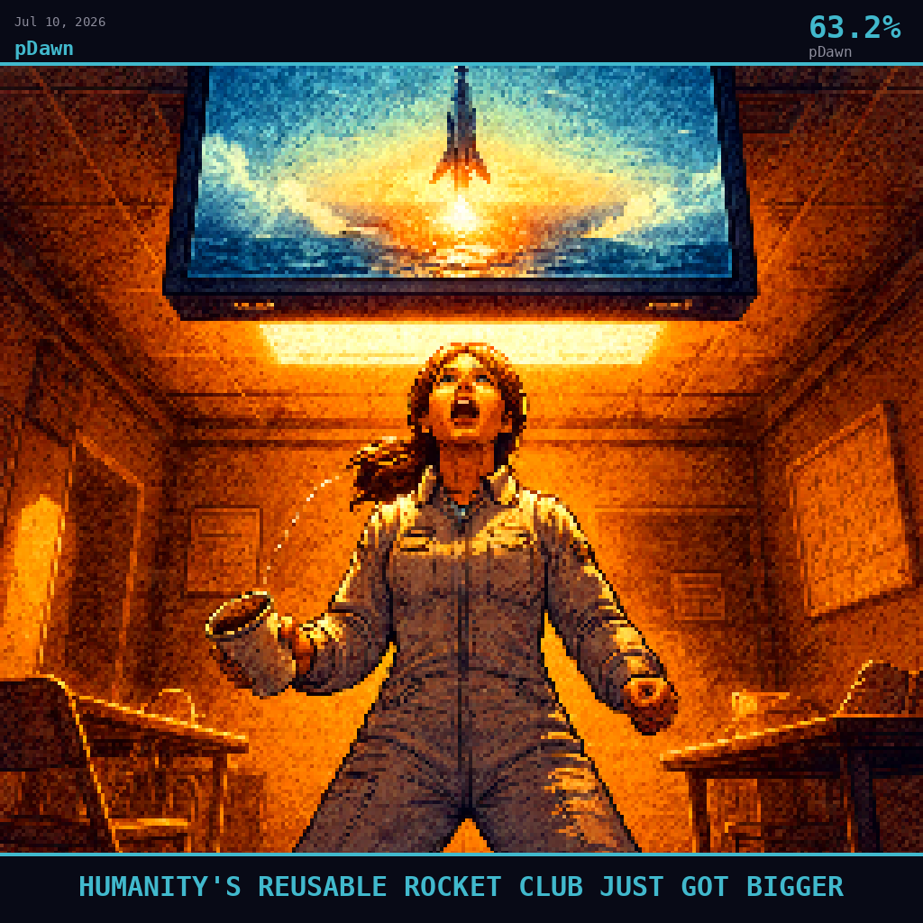 pDawn card for July 10, 2026: 63.2%, HUMANITY'S REUSABLE ROCKET CLUB JUST GOT BIGGER. Pixel art: Ground-level view looking straight up from below, camera pressed flat against a cold concrete floor, gazing up at the underside of a massive flatscreen television mounted high on a break room wall, th.