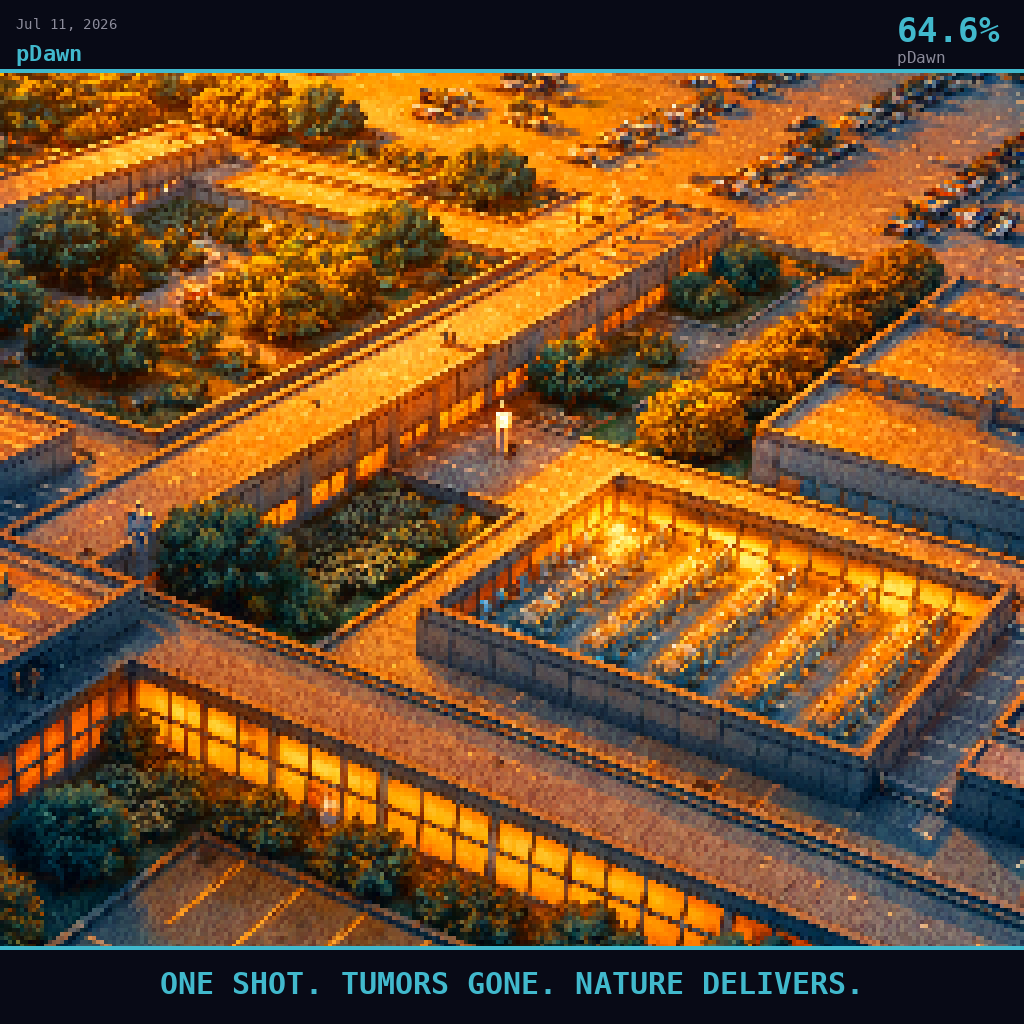 pDawn card for July 11, 2026: 64.6%, ONE SHOT. TUMORS GONE. NATURE DELIVERS.. Pixel art: Wide aerial view looking down at a 45-degree angle, vast landscape dominates, tiny figures below.