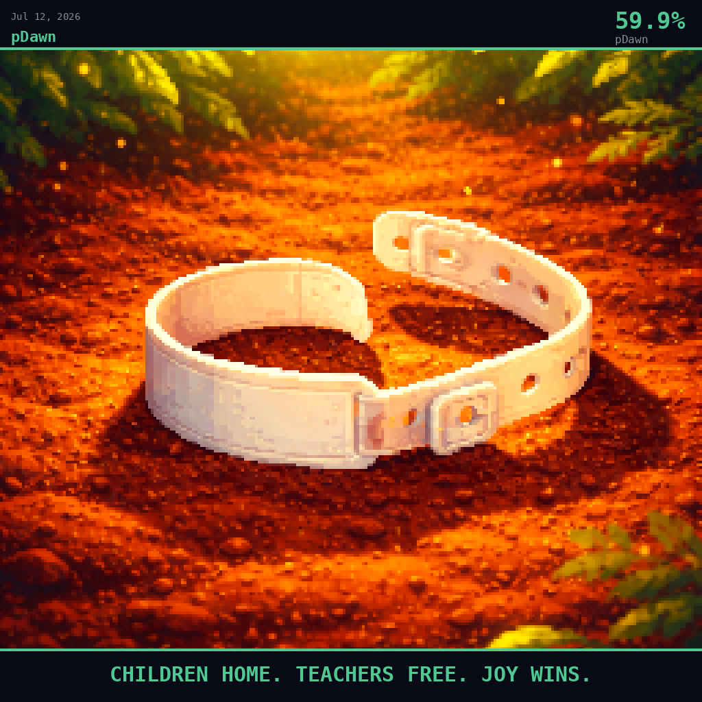 pDawn card for July 12, 2026: 59.9%, CHILDREN HOME. TEACHERS FREE. JOY WINS.. Pixel art: Extreme close-up filling the entire frame, a single small hospital wristband lying open and unclasped on a surface of warm red laterite Nigerian earth, the white paper band catching the last rich gold.