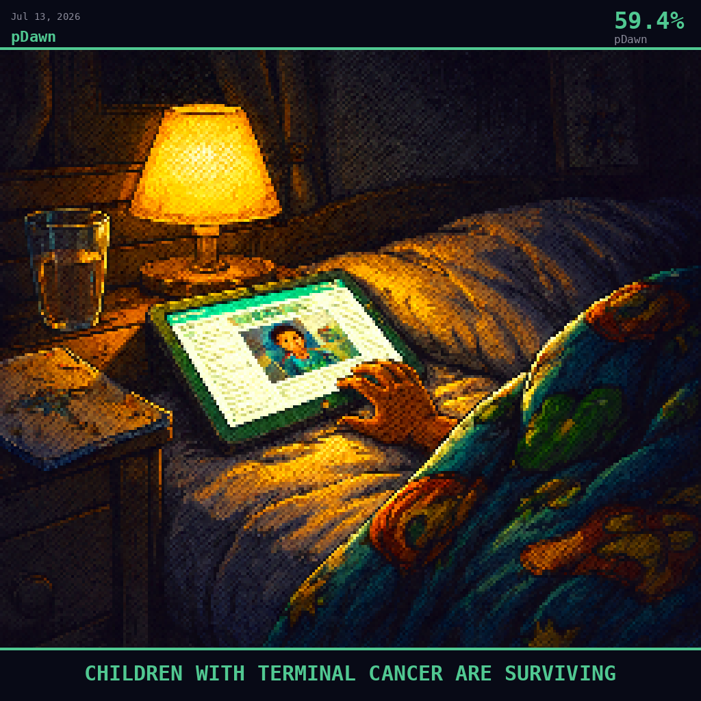 pDawn card for July 13, 2026: 59.4%, CHILDREN WITH TERMINAL CANCER ARE SURVIVING. Pixel art: Night scene, all light from artificial sources, deep shadows dominating.