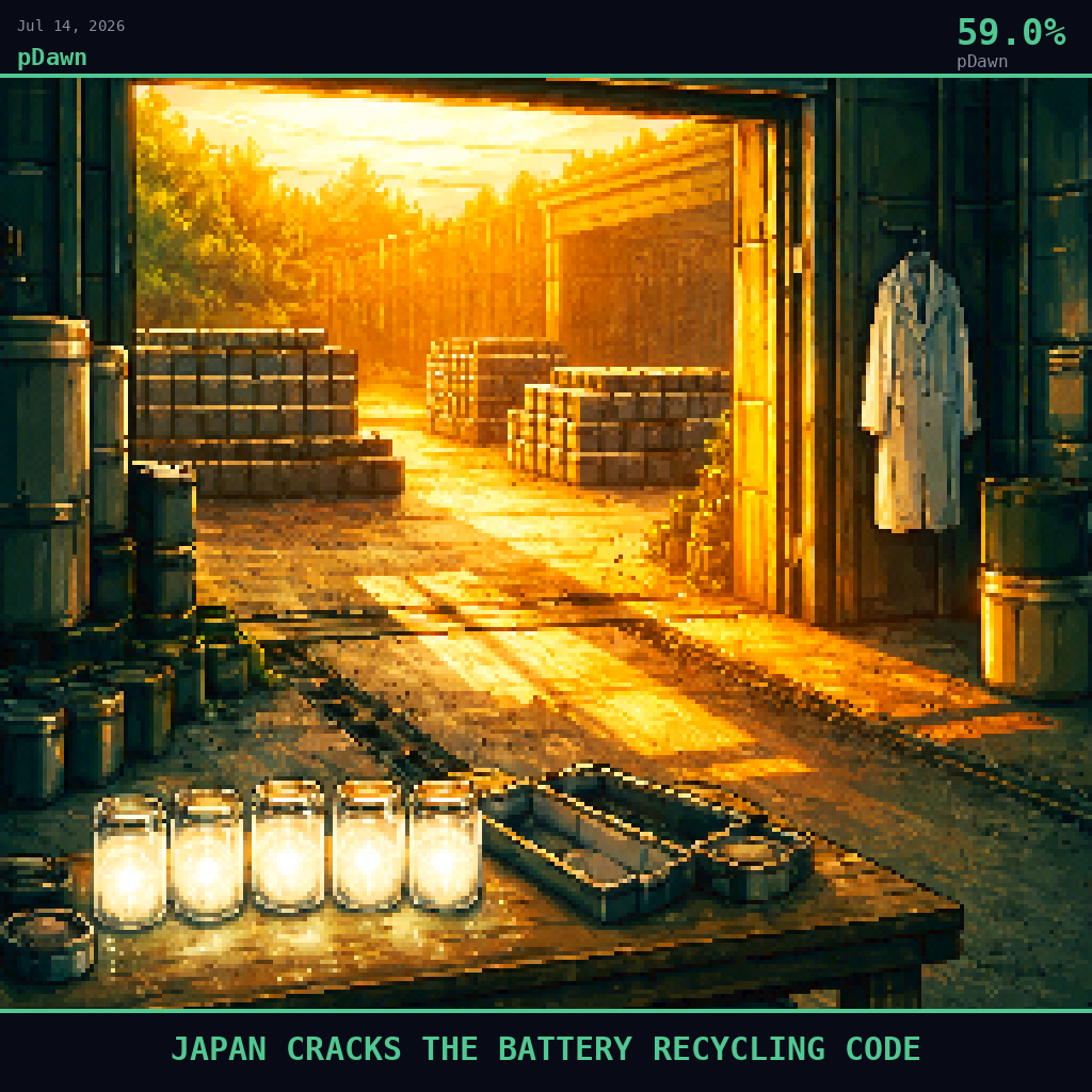 pDawn card for July 14, 2026: 59.0%, JAPAN CRACKS THE BATTERY RECYCLING CODE. Pixel art: Interior scene, we are inside a Japanese industrial recycling facility the morning after the breakthrough announcement, looking outward through a wide loading bay door left open onto a sun-drenched fa.