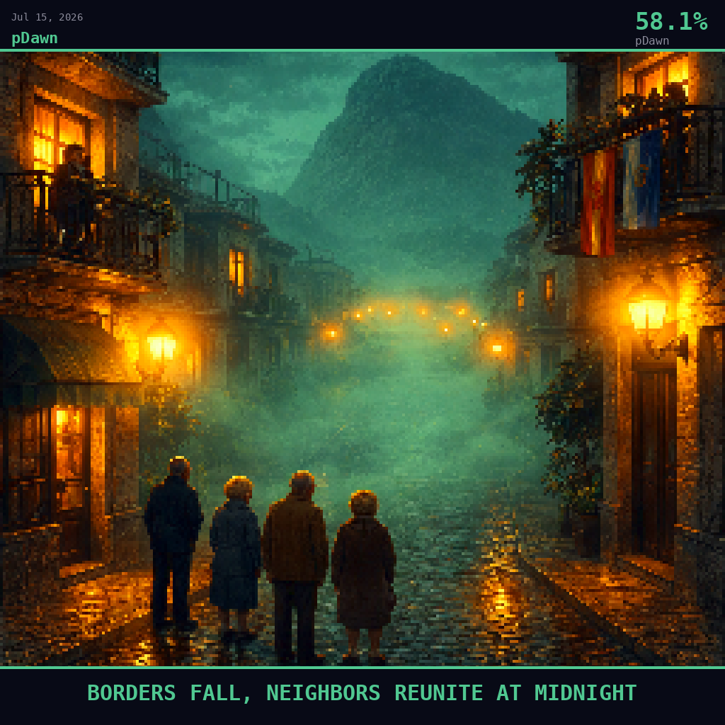 pDawn card for July 15, 2026: 58.1%, BORDERS FALL, NEIGHBORS REUNITE AT MIDNIGHT. Pixel art: Weather-dominated exterior scene, heavy pre-dawn fog rolling in thick emerald-tinged curtains through a narrow residential street in La Línea de la Concepción, the Spanish border town adjacent to Gibr.