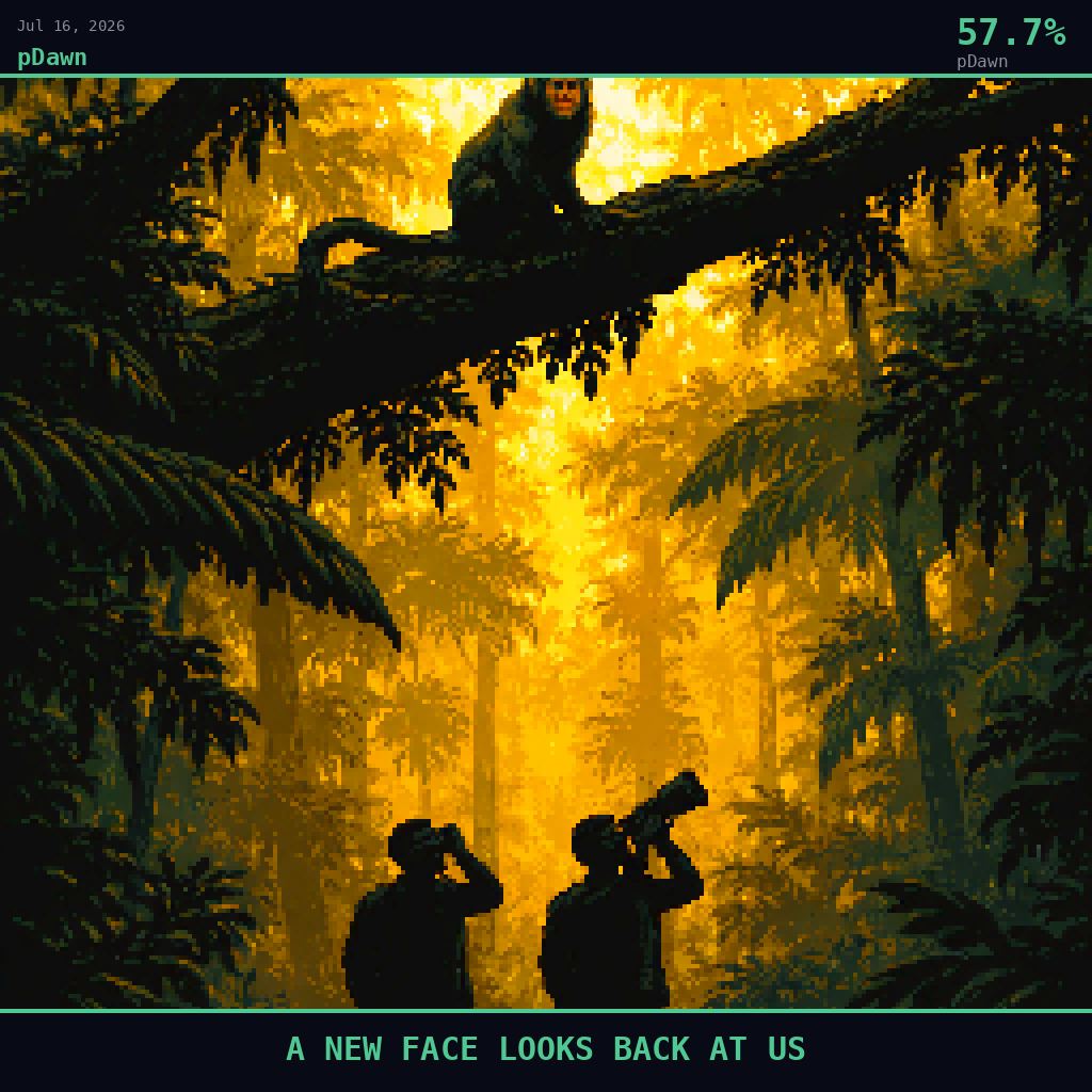 pDawn card for July 16, 2026: 57.7%, A NEW FACE LOOKS BACK AT US. Pixel art: Silhouette composition, strong backlight, dramatic.