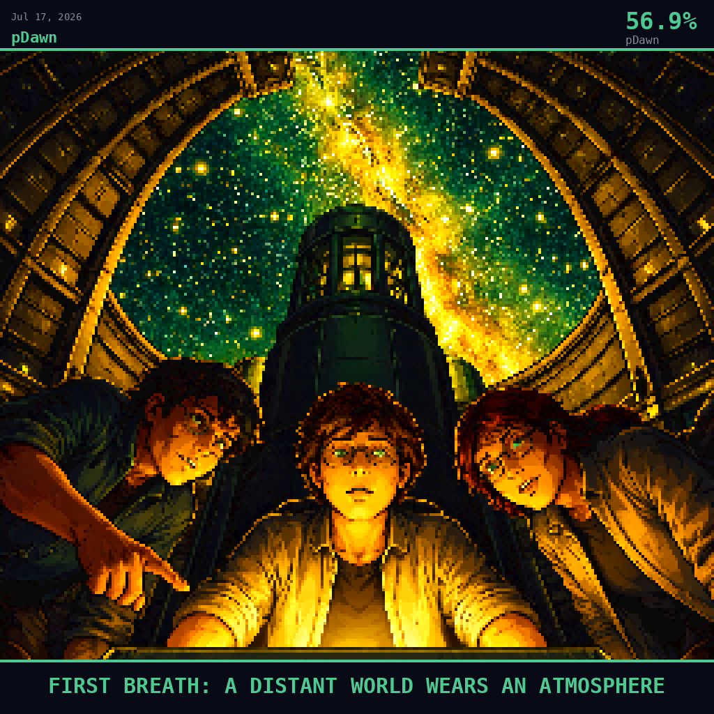pDawn card for July 17, 2026: 56.9%, FIRST BREATH: A DISTANT WORLD WEARS AN ATMOSPHERE. Pixel art: Ground-level view looking straight up from below, camera pressed flat against a cold observatory tile floor, gazing up at the underside of a massive open telescope dome, the curved steel ribs of the d.