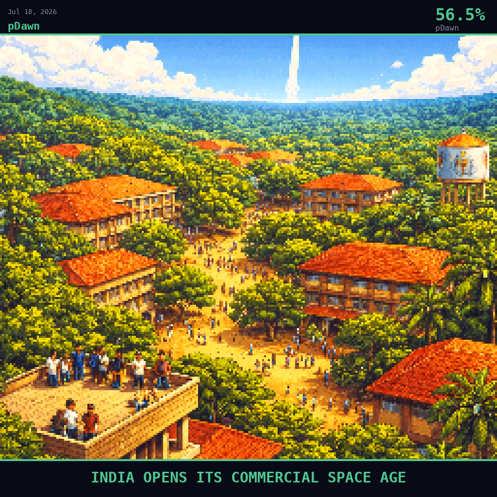 pDawn card for July 18, 2026: 56.5%, INDIA OPENS ITS COMMERCIAL SPACE AGE. Pixel art: Wide aerial view looking down at a 45-degree angle, vast landscape dominates, tiny figures below.