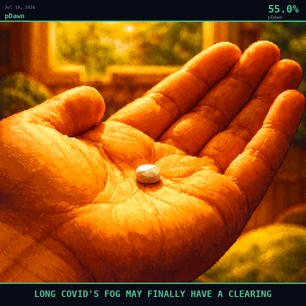 pDawn card for July 19, 2026: 55.0%, LONG COVID'S FOG MAY FINALLY HAVE A CLEARING. Pixel art: Extreme close-up filling the entire frame, a single small white pill resting in the shallow bowl of an open human palm, the hand belonging to someone who has clearly been still for a long time.