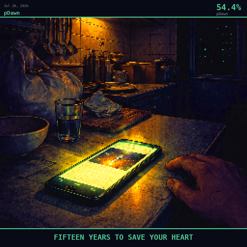pDawn card for July 20, 2026: 54.4%, FIFTEEN YEARS TO SAVE YOUR HEART. Pixel art: Night scene, all light from artificial sources, deep shadows dominating.