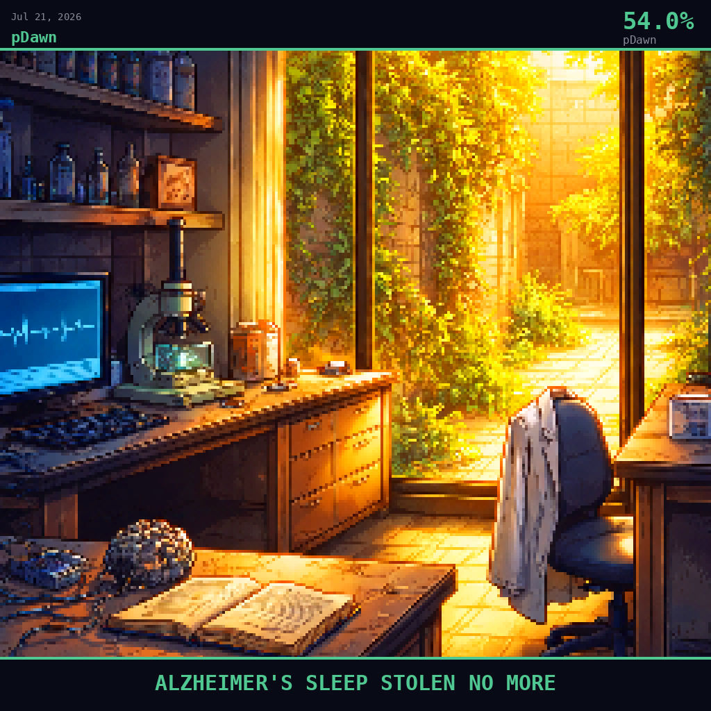 pDawn card for July 21, 2026: 54.0%, ALZHEIMER'S SLEEP STOLEN NO MORE. Pixel art: Interior scene, we are inside a university neuroscience sleep research lab the morning after the breakthrough, looking outward through a wide floor-to-ceiling window toward a sunlit courtyard where go.