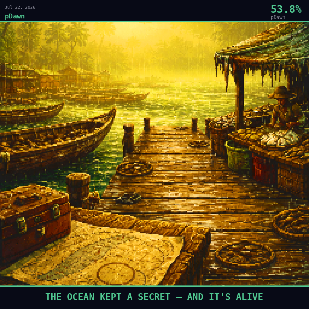 pDawn card for July 22, 2026: 53.8%, THE OCEAN KEPT A SECRET — AND IT'S ALIVE. Pixel art: Weather-dominated exterior scene, thick equatorial sea haze rolling in warm gold-green curtains across a bustling fishing village on the Beninese coast, the Gulf of Guinea barely visible as a smeared .
