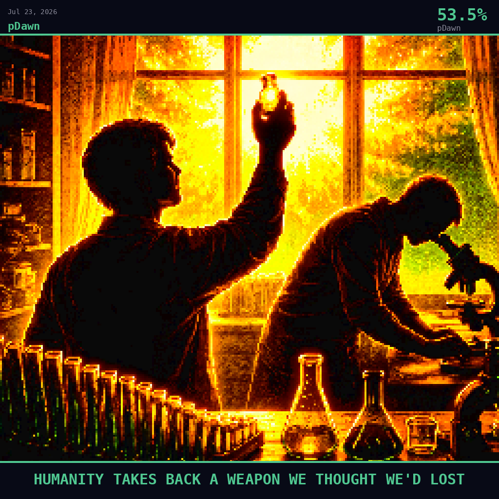 pDawn card for July 23, 2026: 53.5%, HUMANITY TAKES BACK A WEAPON WE THOUGHT WE'D LOST. Pixel art: Silhouette composition, strong backlight, dramatic.