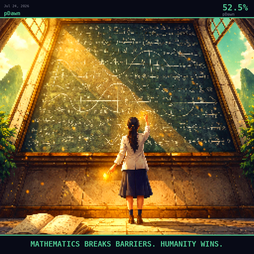 pDawn card for July 24, 2026: 52.5%, MATHEMATICS BREAKS BARRIERS. HUMANITY WINS.. Pixel art: Ground-level view looking straight up from below, camera pressed flat against cold stone tiles, gazing up at the underside of a massive university lecture hall blackboard that towers overhead like a m.
